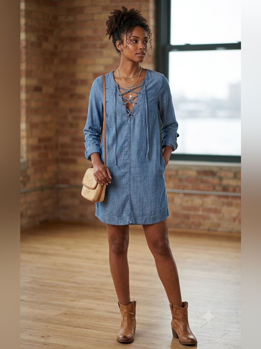 Boho Peasant Hippie Chambray Lace Up Tunic Dress